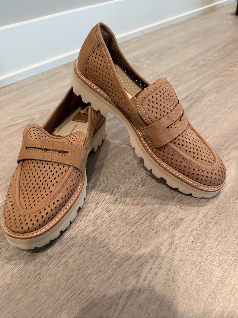 NWOT Dolce Vita Perforated Penny Loafers in Light Brown